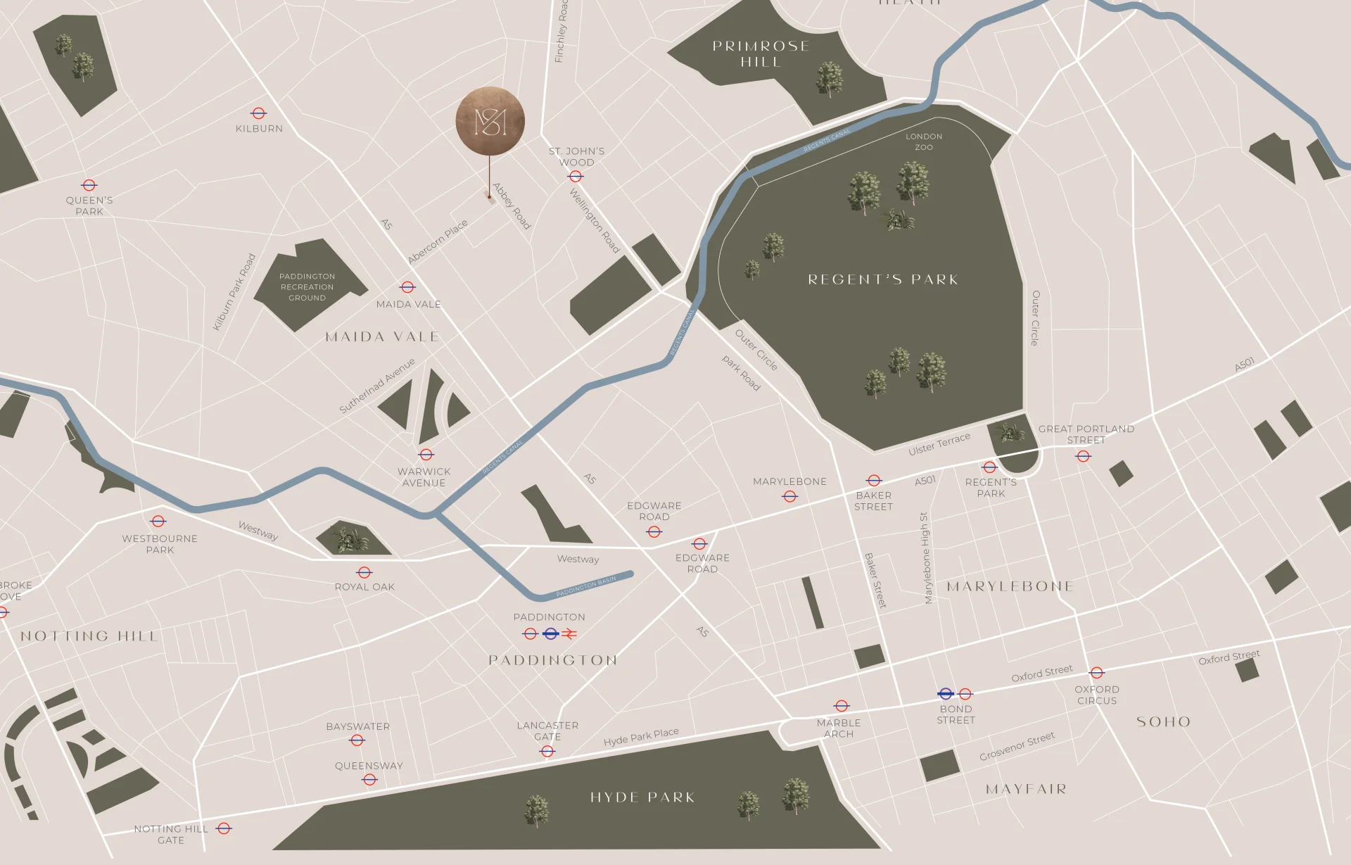Map showing streets, parks, and landmarks with a river running through the area.